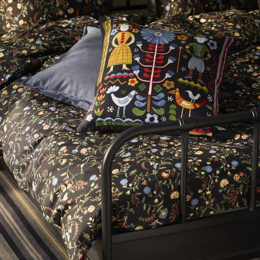 2 Folk Art Print Square Pillowcases - Black with Bright Multicolor Motifs